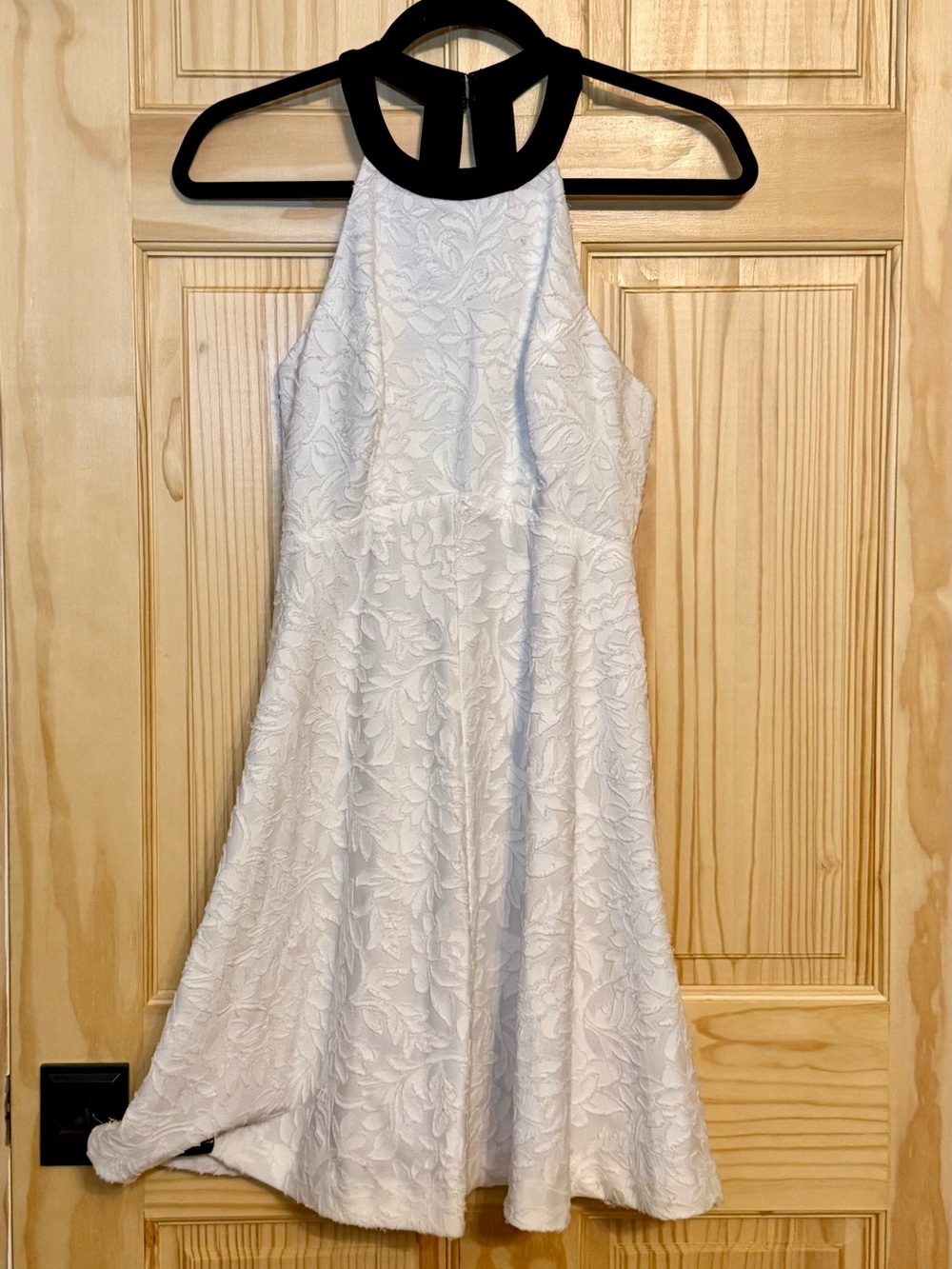 ABS Allen Schwartz White Floral Jacquard Halter Dress with Black Neckline